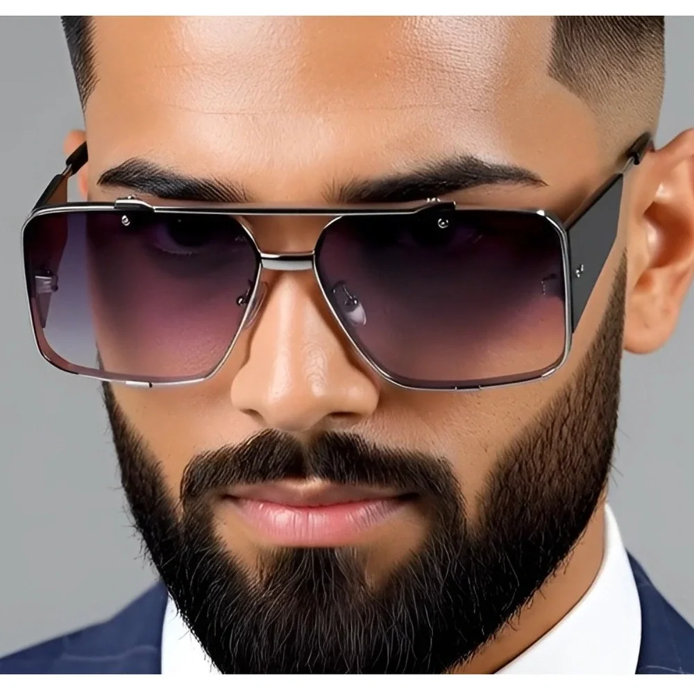 Square‎ Sunglasses Men Silver Metal Frame Black Lens Fashion Shield Sunglasses